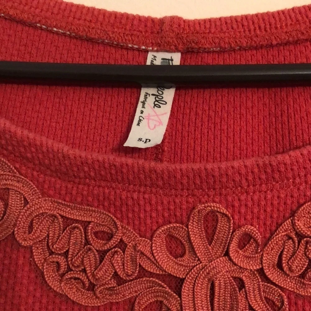 Free people orange thermail embroidered long sleeve top fitted S